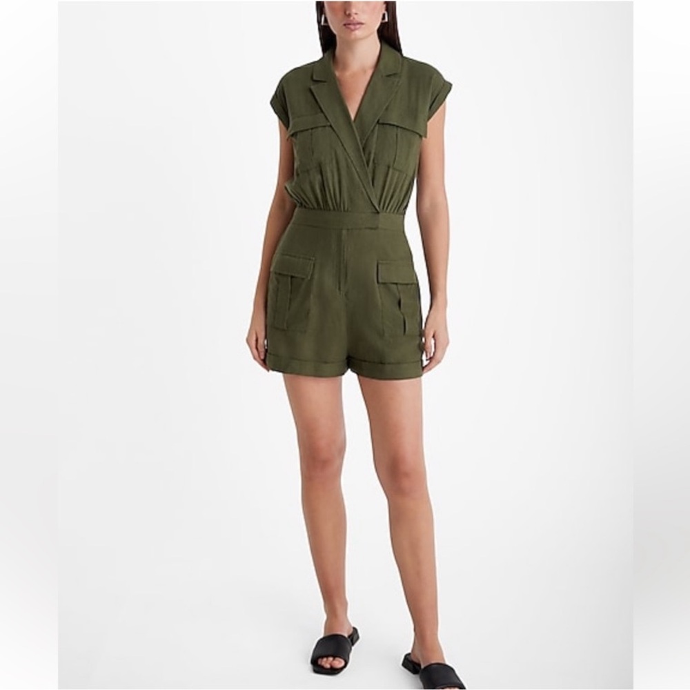 Express Olive Green Short Sleeve Linen Blend Cargo Romper